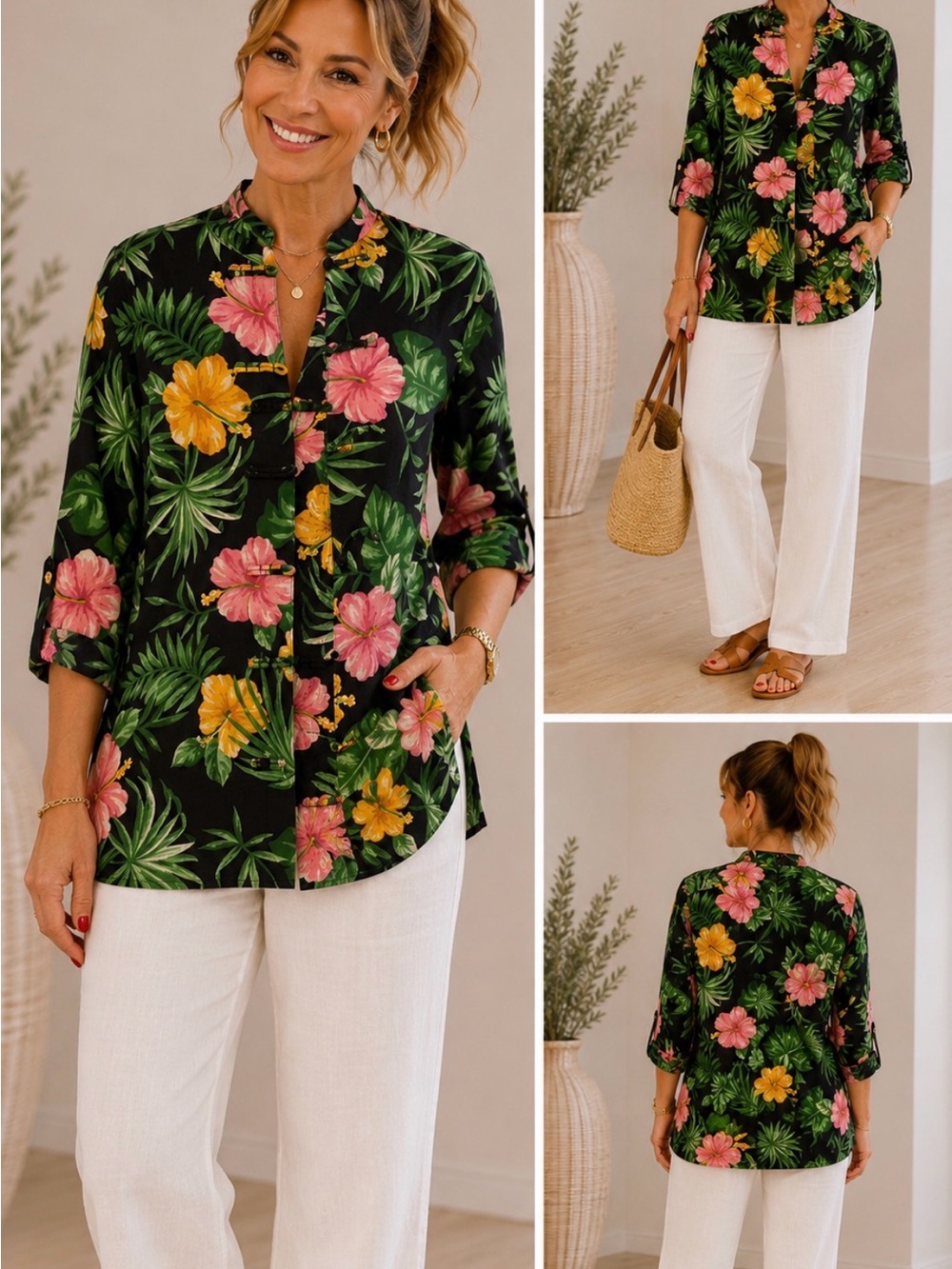 Lauren Ralph Lauren Black Tropical Floral linen Jacket with Pink & Yellow Blooms